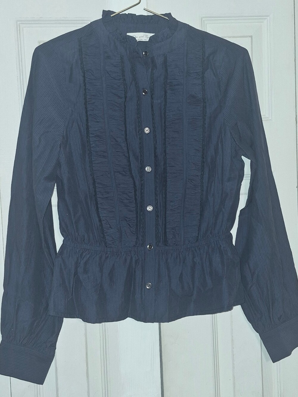 Doe & Rae Navy Ruffled Button-Front Peplum Blouse